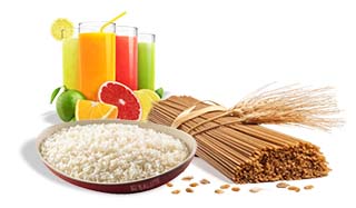 Alimenti naturali, pasta integrale, riso e succhi di frutta