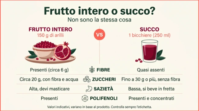 Infografica che confronta melagrana intera e succo di melagrana: fibre, zuccheri, sazietà e polifenoli a confronto tra 150 g di arilli e un bicchiere da 250 ml.