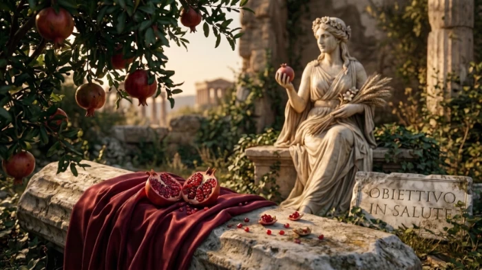 Composizione fotografica ed elegante a tema melagrana. In primo piano, una colonna greca distesa tra l’erba con un drappo di seta bordeaux su cui è appoggiata una melagrana aperta con chicchi rossi lucidi. Sullo sfondo, sotto i rami di un albero di melograno, una statua di marmo di Persefone seduta su una lastra di marmo, con una melagrana nella mano destra. In basso a destra, inciso su una pietra, il nome del blog "Obiettivo in Salute". Immagine creata con il supporto di un software di intelligenza artificiale e un programma manuale di fotoritocco.