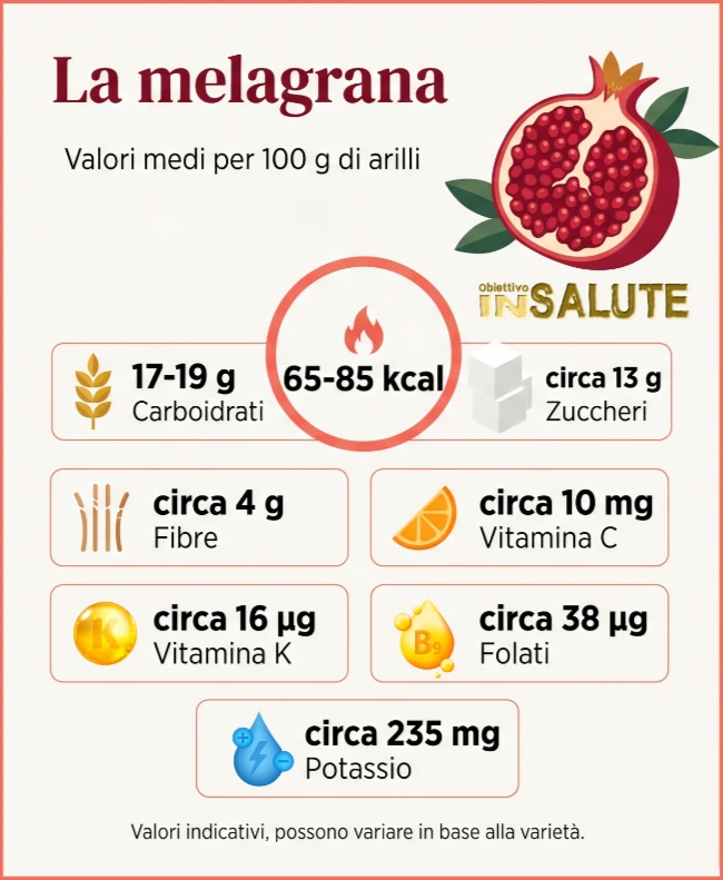 Infografica dal titolo “La melagrana” e sottotitolo “Valori medi per 100 g di arilli”, con illustrazione di una melagrana tagliata a metà. Al centro, un cerchio evidenziato riporta “65-85 kcal” con etichetta “Calorie”. Sotto, sette card arrotondate con icone semplici indicano: Carboidrati 17-19 g; Zuccheri circa 13 g; Fibre circa 4 g; Vitamina C circa 10 mg; Vitamina K circa 16 µg; Folati circa 38 µg; Potassio circa 235 mg. In basso, nota leggibile: “Valori indicativi, possono variare in base alla varietà”.