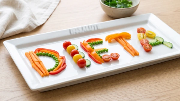 Immagine che simboleggia, graficamente, una dieta povera di nutrimenti con vassoio bianco con solo verdure disposte in modo da formare la parola dieta