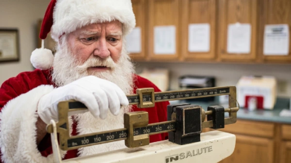 Foto che simboleggia i problemi di peso post bagordi festivi. Viene rappresentato Babbo Natale che si pesa su una bilancia con il volto preoccupato