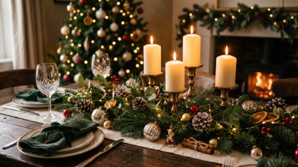 Una tavola addobbata in stile natalizio con decorazioni eleganti e sullo sfondo un caminetto acceso e un abete nobile pieno di lucine. Immagine che esalta la bellezza del Natale, ma che fa vedere anche un piatto e delle posate che fanno pensare ai pranzi natalizi che rappresentano la croce delle feste