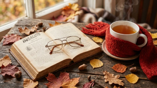 Su un tavolo di legno ci sono delle foglie autunnali, una tazza di tè avvolta da una sciarpa rossa, un vecchio libro usurato aperto e un paio di occhiali da vista posati sul libro.