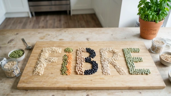 La scritta "Fibre" fatta con cereali integrali e legumi su di un tagliere di legno con intorno delle ciotole con legumi e cereali