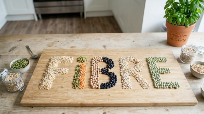 La scritta "Fibre" fatta con cereali integrali e legumi su di un tagliere di legno con intorno delle ciotole con legumi e cereali