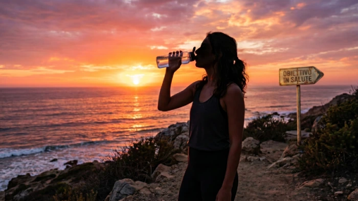Donna beve dell'acqua dalla bottiglia dopo una corsa con allo sfondo un bel tramonto sul mare. Sullo sfondo un cartello che indica la direzione per Obiettivo in Salute