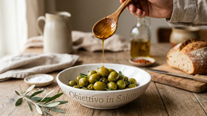 Su un tavolo rustico con del pane e una boccetta d'olio d'oliva, c'è in pimo piano una ciotola bianca con delle olive verdi e un uomo versa con un cocchiao di legno un po' d'olio d'oliva sopra