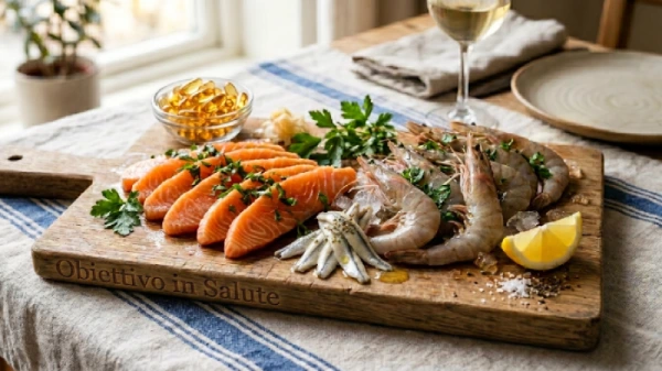 Delle alici sfilettate con gamberi e filetti di salmone su un tagliere di legnodecorato con del prezzemolo e limone. Vicino al salmone c'è una ciotola di capsule di olio di fegato di merluzzo