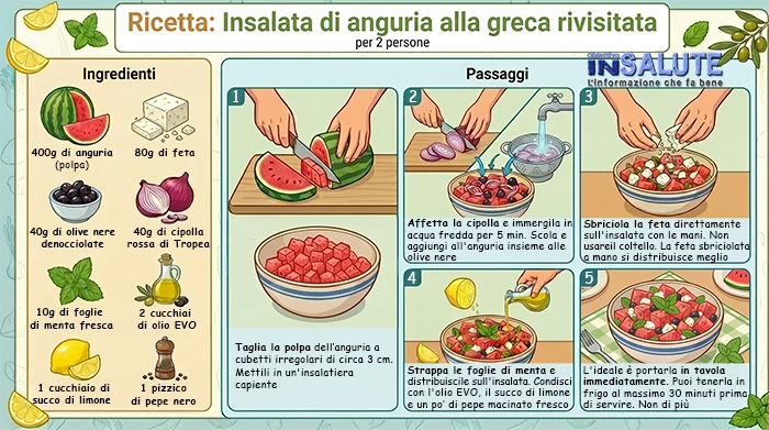 Infografica raffigurante la ricetta dell’insalata di anguria con feta. Nella parte sinistra sono riportati gli ingredienti della ricetta con le rispettive immagini. A destra sono riportate i 5 passaggi per realizzare la ricetta con le immagini e la descrizione testuale delle varie fasi
