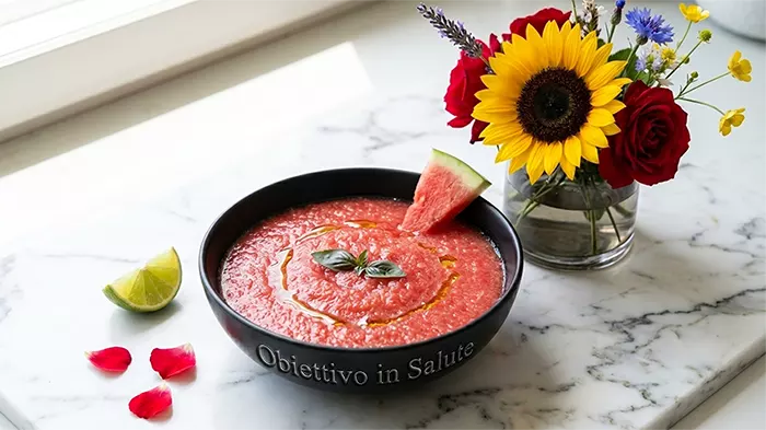 Un gazpacho di anguria rosa-rosso brillante servito in una ciotola di ceramica nera opaca con su scritto “Obiettivo in Salute”, su un piano di marmo bianco venato. Sopra, una fogliolina di basilico verde intenso e un filo d'olio che forma riflessi dorati. Accanto alla ciotola: una fetta sottile di anguria appoggiata al bordo, uno spicchio di lime fresco, due o tre petali di fiore rosso freschi sparsi sul marmo e un vaso da fiori