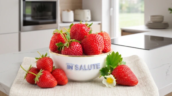 In una cucina moderna vi è una ciotola bianca piene di fragole poggiate su un tavolo bianco