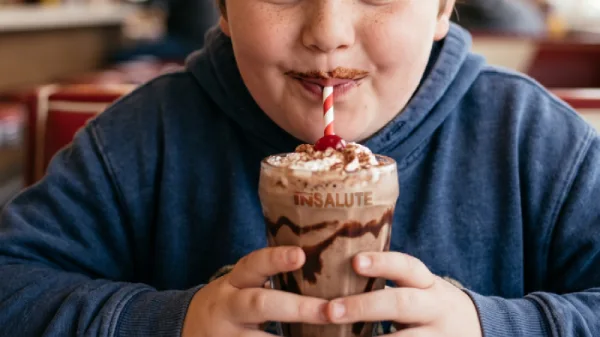 Bimbo obeso che beve, felice, un frullato al cioccolato contanta panna e una ciliegia candita in cima