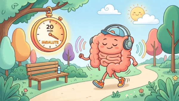 Illustrazione cartoon moderna ed elegante di un intestino umano stilizzato e antropomorfo che passeggia in un parco soleggiato, indossando scarpe da ginnastica colorate. Intorno a lui fluttuano piccole onde sonore e note musicali che rappresentano i borborigmi intestinali, che aumentano con il movimento. In alto, un grande orologio stilizzato segna "20 min". Sfondo con alberi verdi, sentiero, panchina, cielo azzurro con nuvole e sole sorridente. Immagine che simboleggia l'effetto immediato di 20 minuti di camminata sulla motilità intestinale.