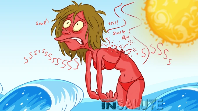 Una illustrazione in stile cartoon di una donna tutta rossa a causa di ustioni solari per la mancanza di uso di protezioni solari, ha il viso stravolto dalla sofferenza e cerca di trovare un po' di refrigerio tenendo i piedi in acqua, in riva al mare