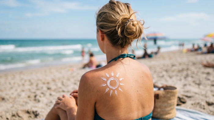 Una ragazzi con i capelli biondi raccolti, è seduta sulla spiaggia mentre guarda il mare e ha disegnato, simbolicamente, con la crema solare un sole sulla scapola sinistra