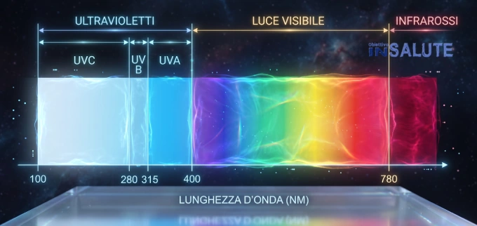 Schema della lunghezza d'onda dello spettro solare con evidenza degli ultravioletti, della luce visibile e degli infrarossi