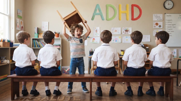 L'immagine mostra 6 bambini, 5 seduti composti e 1 che alza la sedia sulla propria testa a evidenziare la differenza di comportamento di questo singolo bambino con gli altri. Sullo sfondo, sul muri, c'è una scritta colorata "ADHD". L'immagine rappresenta la possibilità che alcuni bimbi, evidenziando alcuni sintomi tra cui l'iperattività e disattenzione, potrebbero essere affetti da ADHD