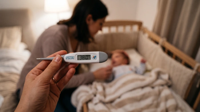 Mamma e nonna misurano la febbre, col termometro digitale, a un bambino. La nonna, in primo piano tiene il termometro che segna 38 gradi celsius, mentre la mamma è a fianco alla culla che si prende cura del piccolo