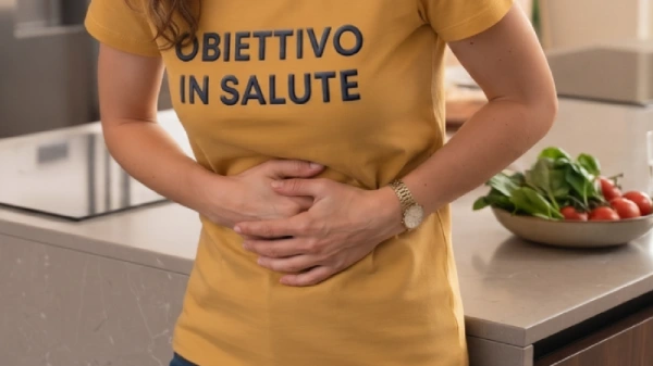 Donna tiene poggiate le mani sul basso ventre, poiché ha dolori dovuti alla stipsi