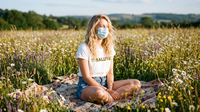Una giovane donna indossa una mascherina medica, perché allergica al polline, è seduta in un prato fiorito. Simboleggia il fatto che alcune persone non possono godersi appieno la bellezza della natura, ma devono adottare i dovuti accorgimenti per poter fare quello che gli altri fanno normalmente
