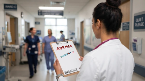 Una dottoressa, nel proprio reparto, ha in mano una cartellina medica su cui c'è scritto Anemia e disegnato una siringa piena di sangue con delle gocce che zampillano dalla punta dell'ago