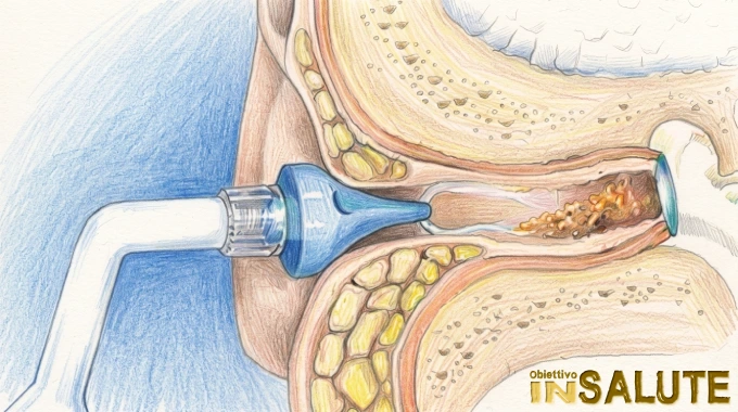 Rappresentazione di una sezione dell'orecchio in cui si raffigura la pulizia del condotto attraverso l'uso di uno spray che scioglie il cerume in eccesso senza il pericolo di un dano al timpano