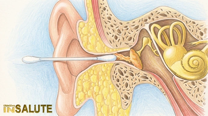 Rappresentazione di una sezione dell'orecchio in cui si raffigura un cotton fioc che spinge il cerume verso il timpano. Cosa pericolosa per la salute dell'orecchio