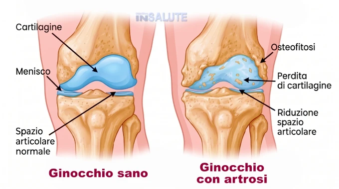 Illustrazione che raffigura due articolazioni del ginocchio. La prima è sana con la cartilagine ben strutturata, la seconda con la cartilagine usurata, quindi affetta da artrosi