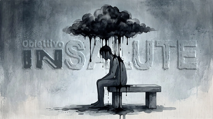 Un uomo triste e depresso raffigurato da solo su una panchina in una immagine grigia con una nuvola nera che versa su di lui della pioggia scura