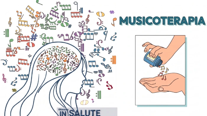 Scritta "Musicoterapia" con due immagini. Nella prima da un barattolo si versa sul palmo di una mano una cascata di note musicali. Nella seconda un volto di donna ha come cervello tante note musicali e l'intera testa è circondata da note musicali