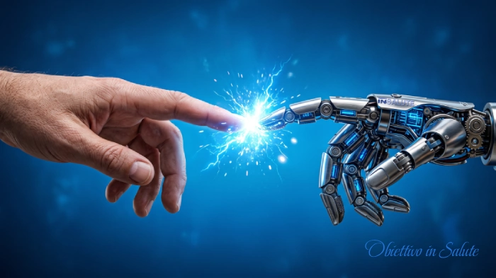 L'indice di una mano umana tocca l'indice di una mano robotica a simboleggiare l'unione tra umanità e tecnologia avanzata in ciò che viene chiamata rivoluzione digitale