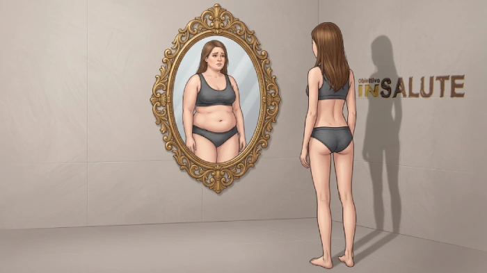 Una ragazza magra che si guarda allo specchio che riflette una donna grassa