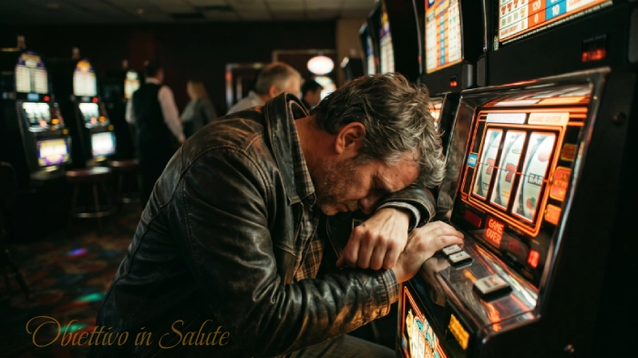 Uomo disperato appoggia la testa su uno slot machine in un casinò