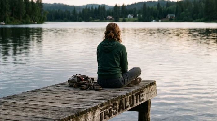Donna, in totale solitudine, è seduta su un pontile mentre il lago