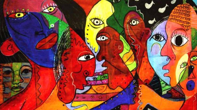 Quadro cubista che rappresenta la multidiversità con tanti volti sovrapposti