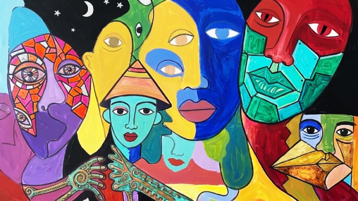 Quadro cubista che rappresenta la multidiversità con tanti volti sovrapposti