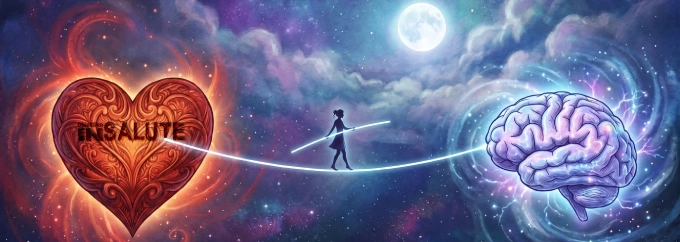 Una donna sospesa su un filo sottile e luminoso posto tra il cuore e il cervello. Immagine che rappresenta il fragile equilibrio tra ragione ed emotività
