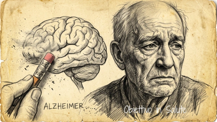 Disegno di un volto di un uomo anziano e di un cervello cancellato nella parte frontale da una gomma da cancellare, così come l'alzheimer cancella i ricordi dalla memoria