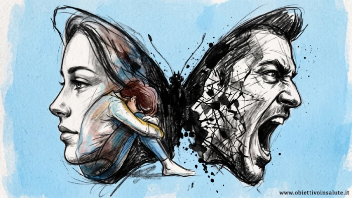 Un volto di uomo e uno di donna messi come ali di una farfalla, con l'uomo che urla. In primo piano c'è una donna seduta per terra con la fronte sulle ginocchia