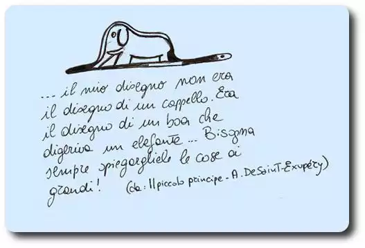 foglio azzurro su cui è disegnato una specie di cappello con una citazione tratta dal libro il piccolo principe che dice: Il mio disegno non era il disegno di un cappello. Era il disegno di un boa che digeriva un elefante. Affinché vedessero chiaramente che cos'era, disegnai l’interno del boa. Bisogna sempre spiegargliele le cose, ai grandi