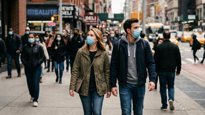 Coppia con delle mascherine mediche passeggiano in una grande città circondati da persone con le mascherine mediche