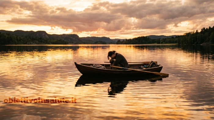Una donna rannicchiata in una barchetta in mezzo a un lago dorato che sembra un cielo al tramonto