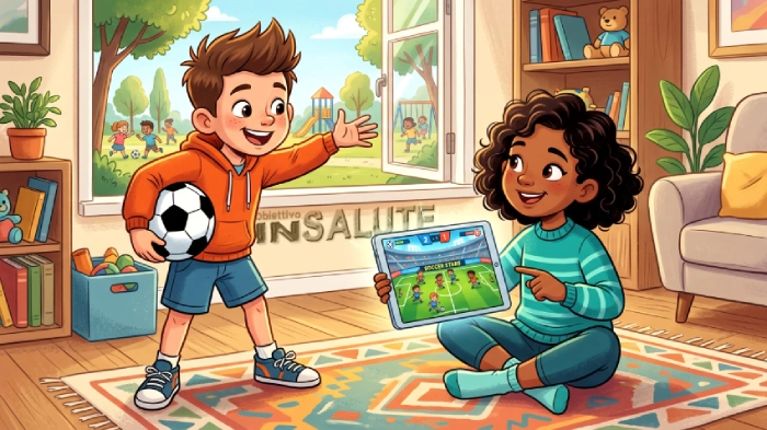 Due bambini si invitano a vicenda a giocare a calcio, ma uno vuole giocare a un videogioco e l'altro con un pallone reale
