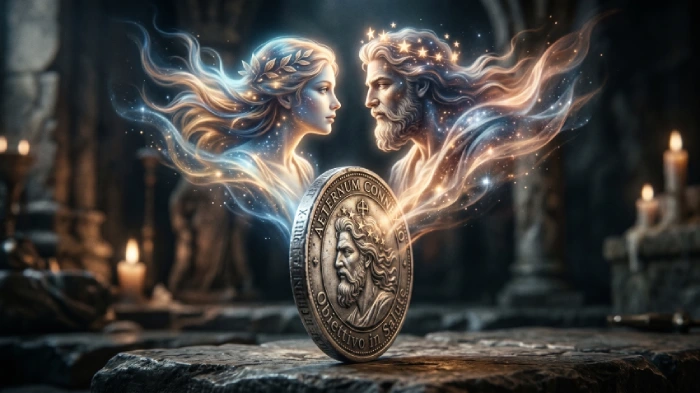 Un'immagine che rappresenta un concetto dell'articolo e cioè le due facce della stessa medaglia. Nell'immagine una medaglia in posizione verticale vengono proiettate sopra la medaglia i due volti presenti nelle due facce della medaglia, A sinistra c'è il volto di una donna e a destra il volto di un uomo