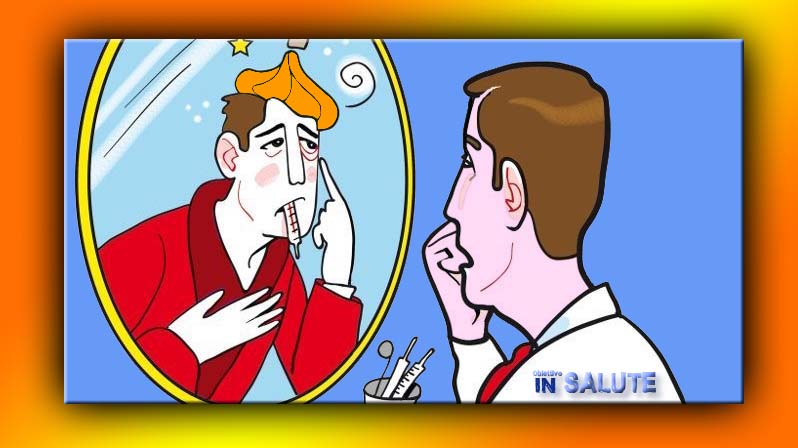 Uomo che si guarda nello specchio. Il riflesso è un ipocondriaco