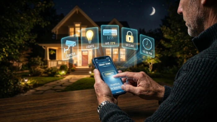 Un uomo, attraverso il suo smartphone, manovra dei dispositivi domotici. delle icone che rappresentano i diversi dispositivi r una casa illuminata sono proiettati fuori dal telefono.