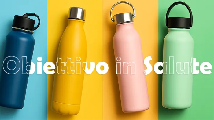 Quattro borracce colorate uno sfondo multicolori e con una scritta in primo piano: Obiettivo in Salute
