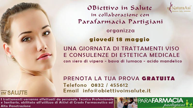 Locandina dell'evento: Una giornata di trattamenti viso e consulenza di estetica medicale con siero di vipera, bava di lumaca e acido mandelico