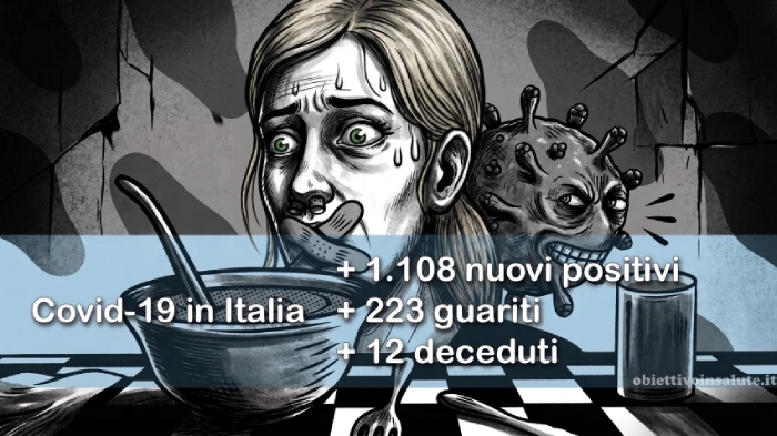 Una ragazza ha tappato naso e bocca davanti a una scodella di minestra, mentre dietro di lui c'è la figura di un coronavirus che sornione se la ride. L'immagine rappresenta la nuova scoperta riguardo il covid che altererebbe gusto e olfatto. In primo piano dell’immagine vengono riportati i dati aggiornati del contagio in Italia